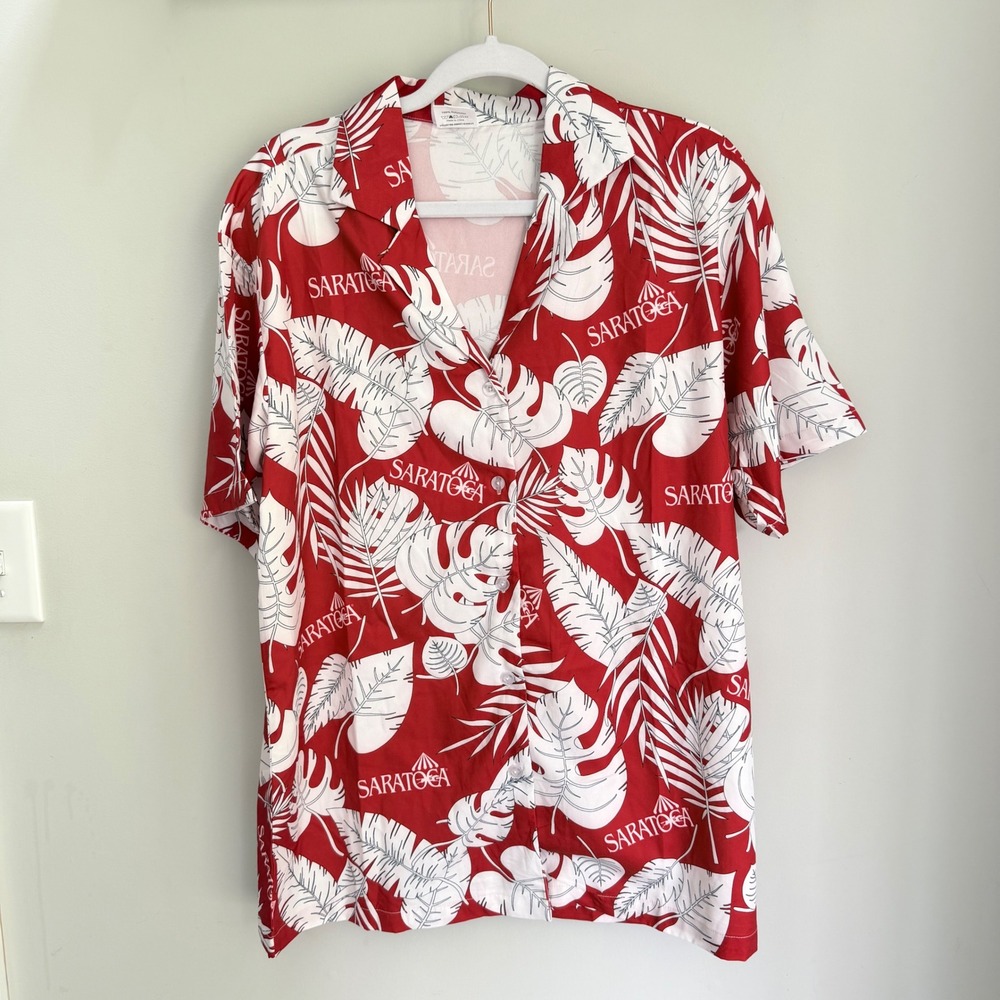 Saratoga Race Course Red White Tropical Leaf Hawaiian SS Button Up Shirt Medium